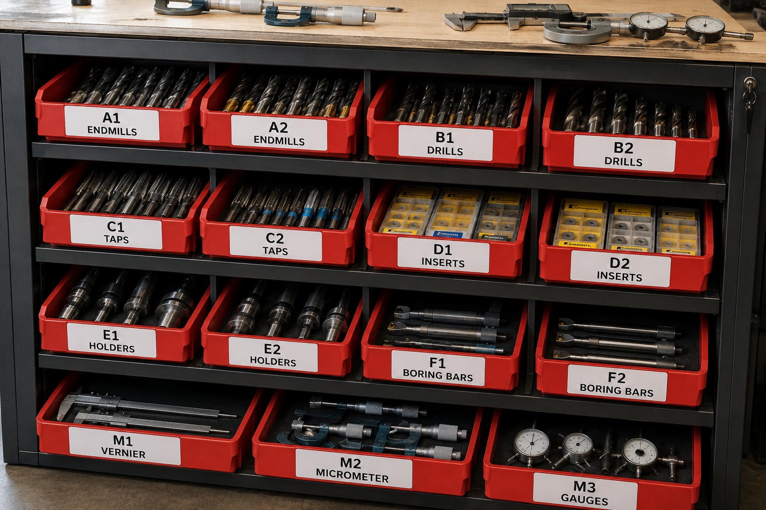 Workshop tool crib cabinet with labelled tooling locations