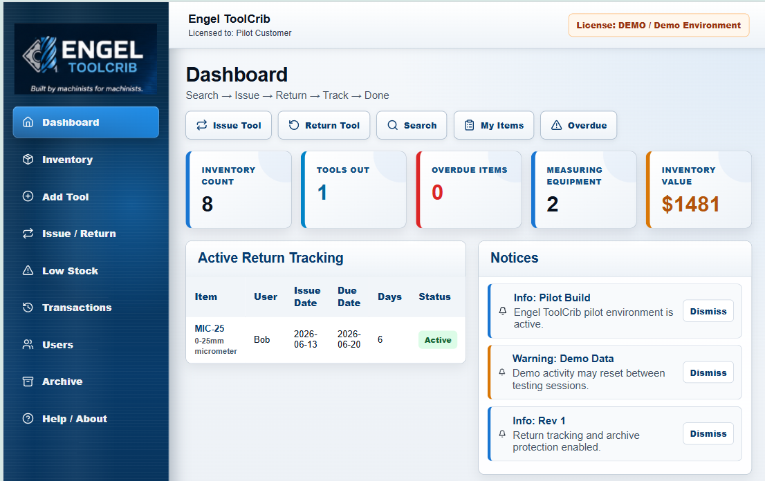 Tool crib software dashboard showing inventory tracking and returnable tools