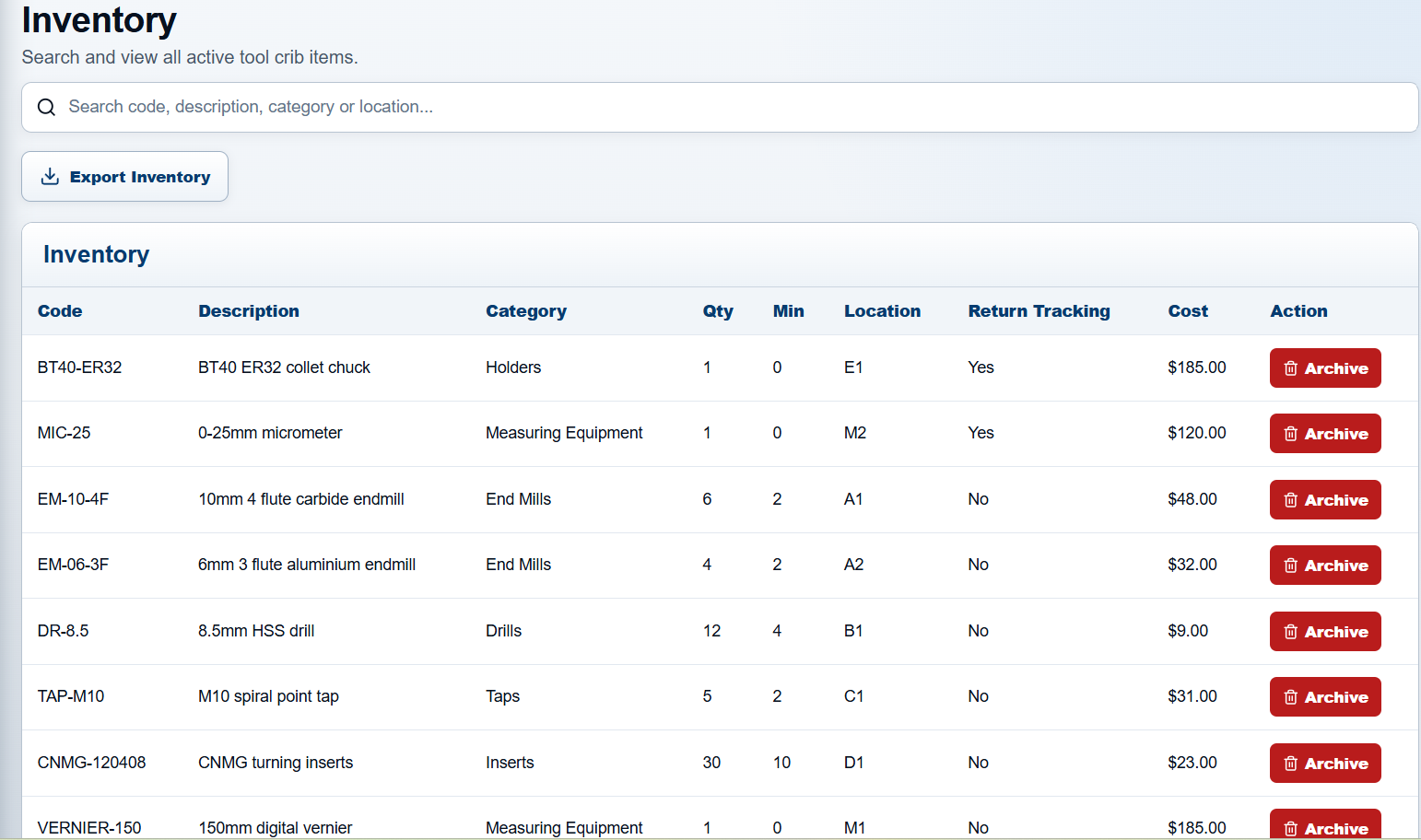 CNC tooling inventory management software screen