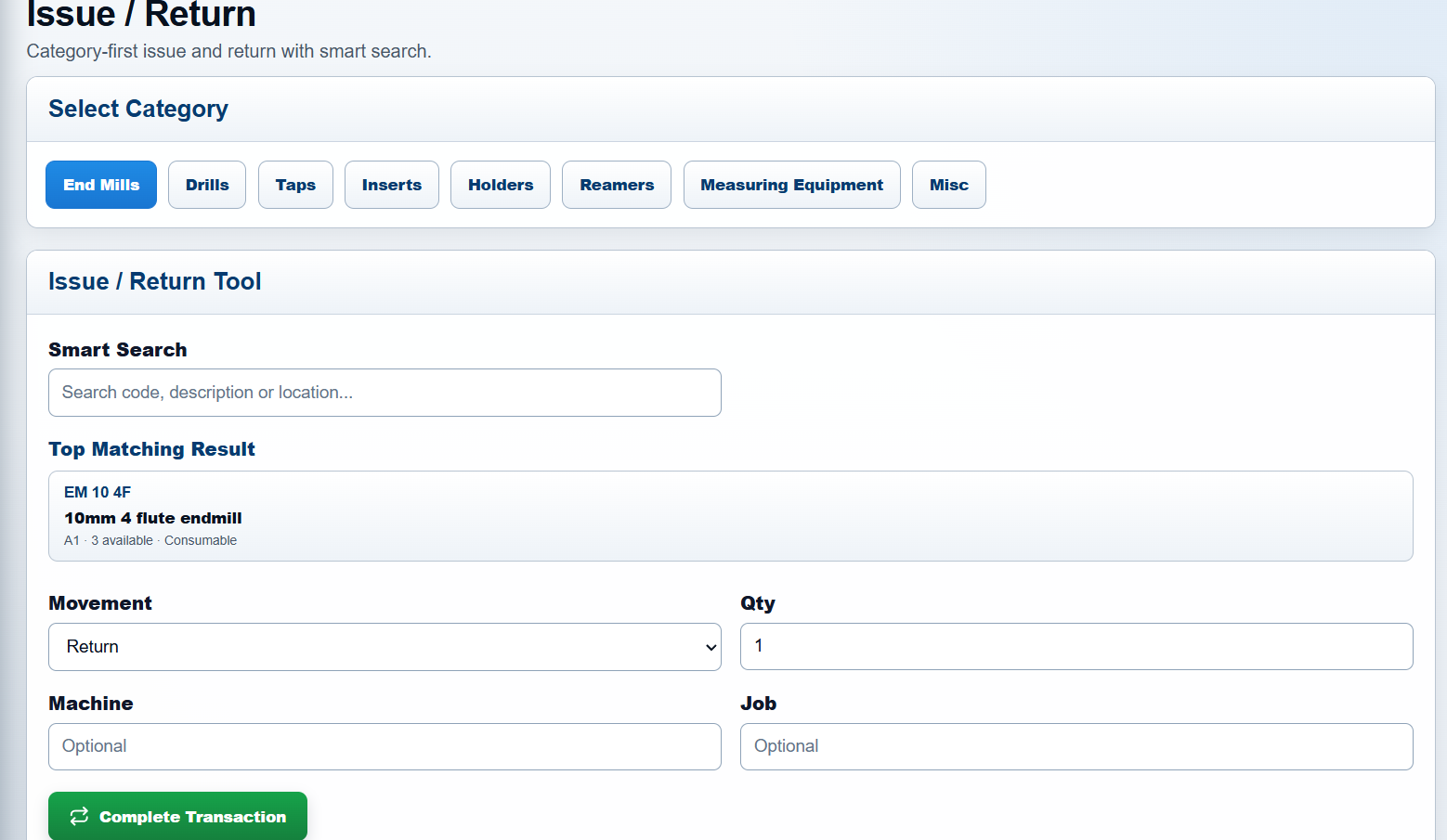 Tool issue and return workflow for a machine shop