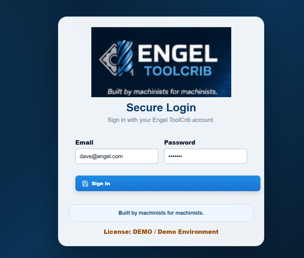 Secure login screen for tool crib software
